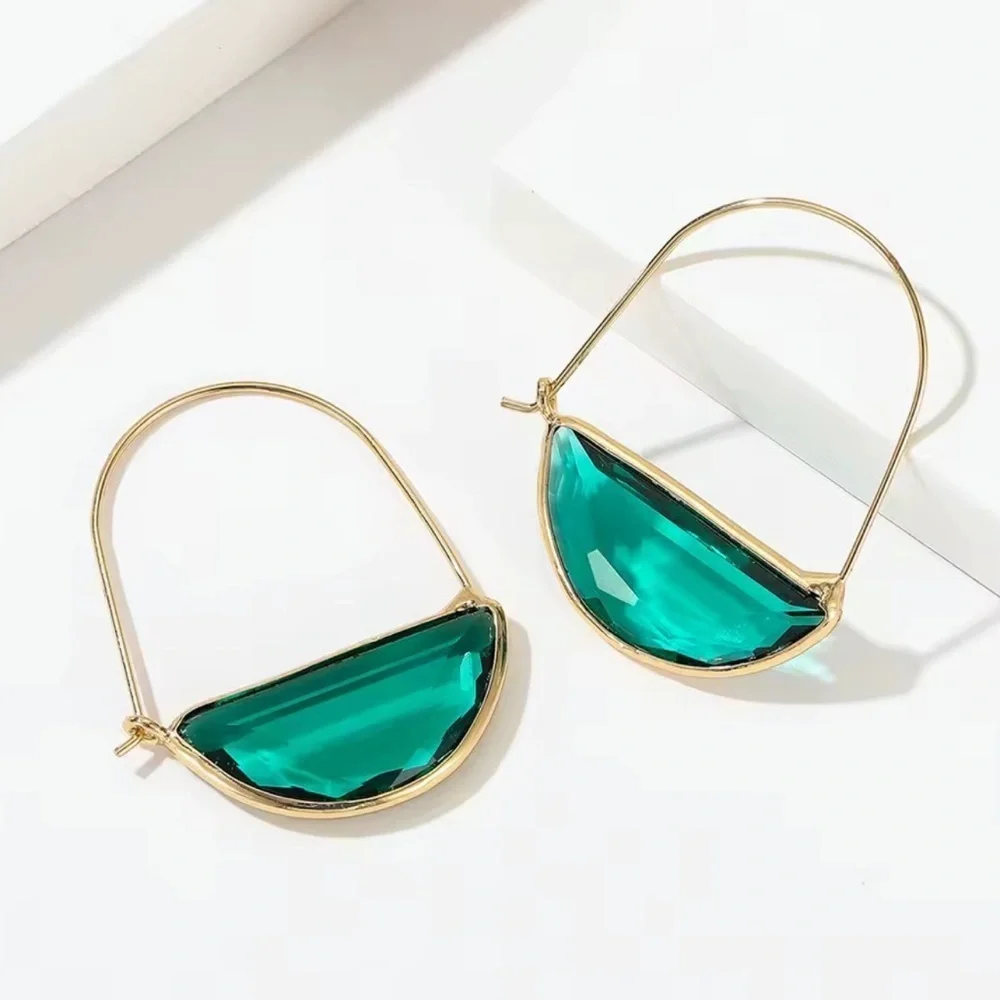 Emerald Green Glass Crescent Hoop Gold Earrings